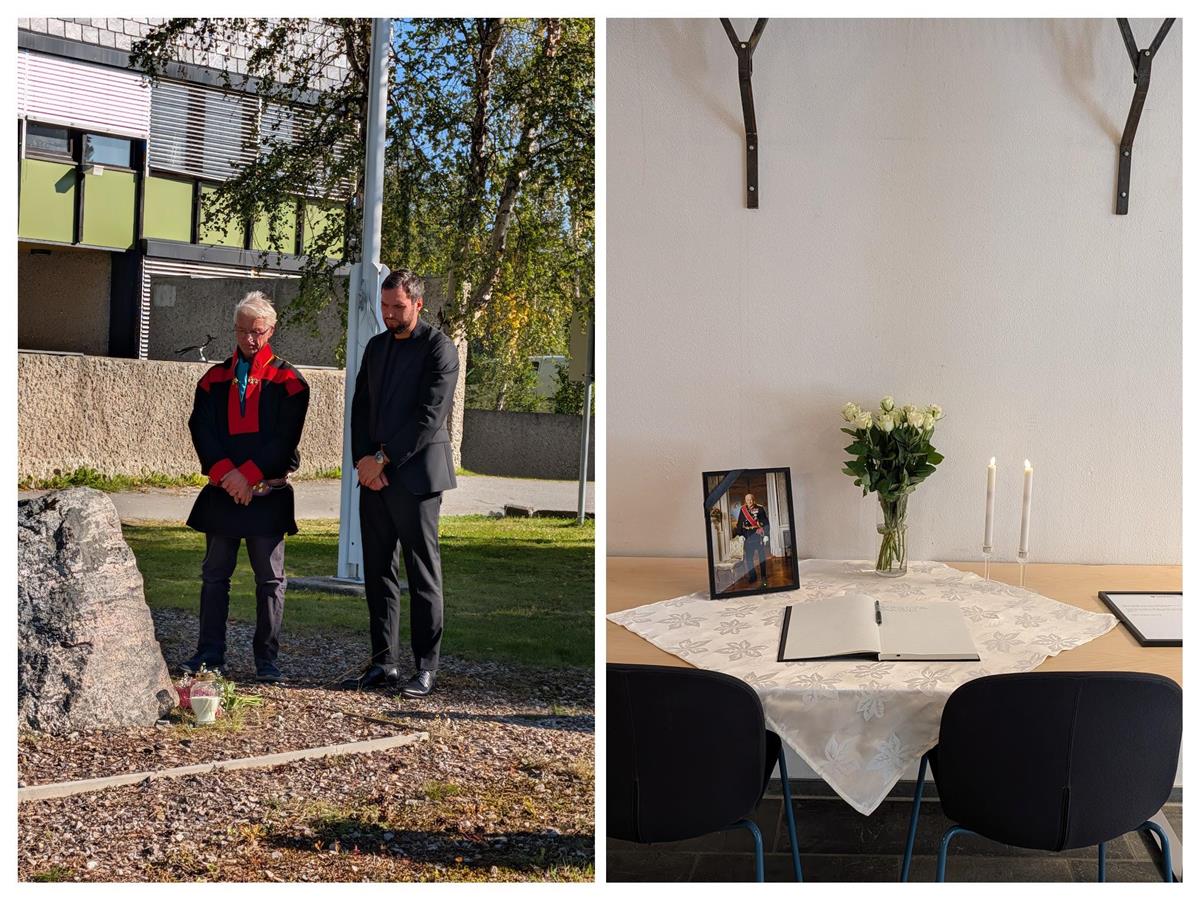 Ordfører og varaordfører legger ned blomster og tenner lys ved H.M Kong Harald V´s stein - Klikk for stort bilde